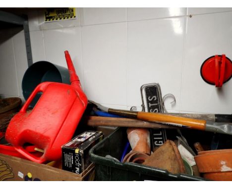 Two boxes of mixed garden tools, planters and plant pots etc. Not available for in-house P&amp;P 