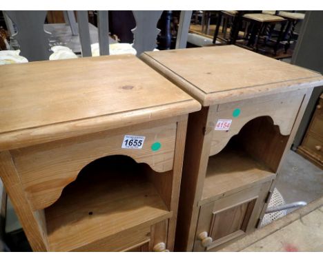 Pair of pine bedside tables, with shelf and cupboards, 30 x 69cm H. Not available for in-house P&amp;P 