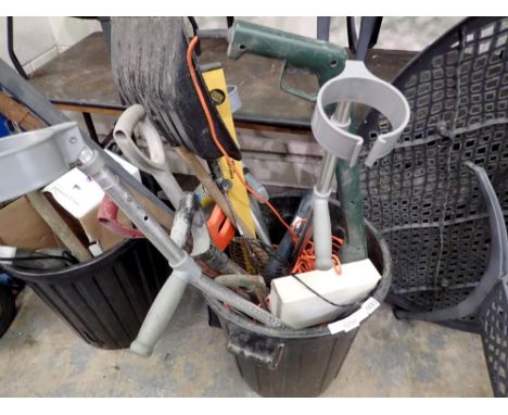 Bin containing mixed tools and crutches, bin NOT included. Not available for in-house P&P 