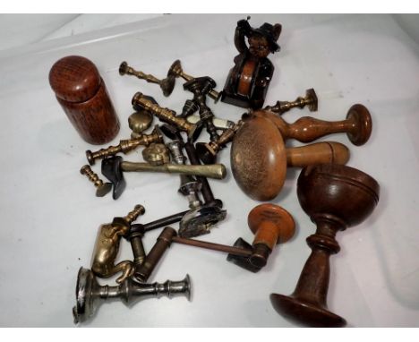 Mixed wood and metal items including miniature candle sticks. UK P&amp;P Group 1 (£16+VAT for the first lot and £2+VAT for su