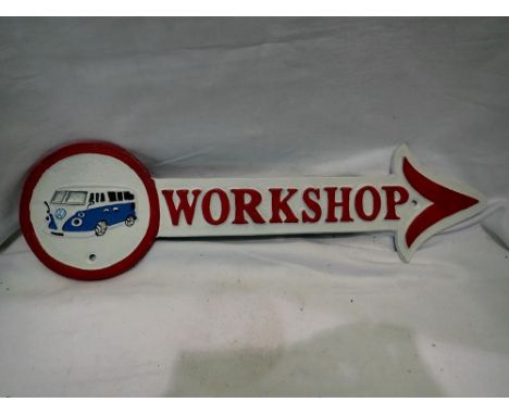 Cast iron VW workshop arrow sign, L: 41 cm. UK P&amp;P Group 2 (£20+VAT for the first lot and £4+VAT for subsequent lots) 