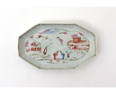 A rare and early Worcester spoon tray  c.1754, the long octagonal shape painted with a version of the Stag Hunt pattern, with