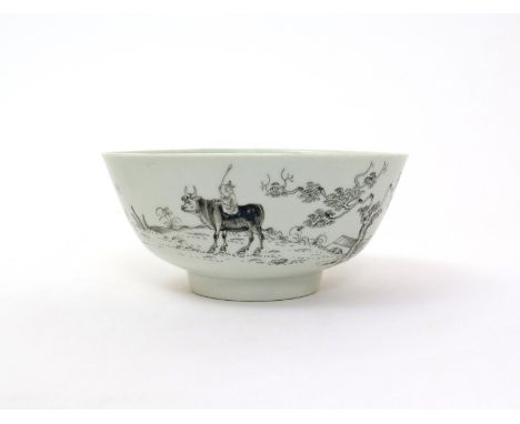 A Worcester slop bowl  c.1760, pencilled in black with the Boy on a Buffalo pattern, the eponymous figures set within a conti