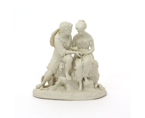 A Copeland Parian figure of Paul and Virigina  mid 19th century, modelled by C. Cumberworth, both seated on a rocky stump wit