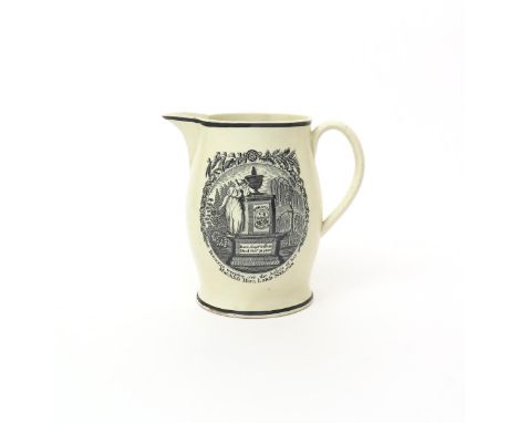 A creamware commemorative jug  c.1805, printed in black in memory of Lord Nelson, one side with Britannia weeping beside a to