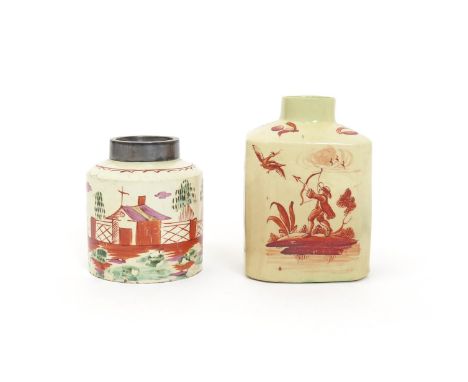 A Cockpit Hill (Derby) creamware tea canister  c.1765, of flattened rectangular form, painted in red with a figure firing an 