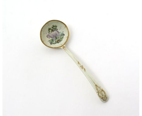 A Worcester sauce ladle  c.1775-80, the rounded bowl painted with a single sheep standing with head turned to sinister, birds