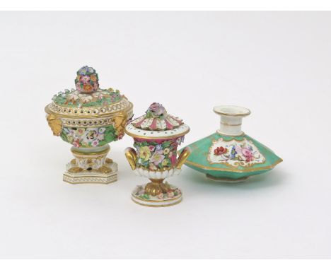 Two Bloor Derby pot pourri vases and covers  c.1825-30,the larger applied with four mask handles above a flattened body appli