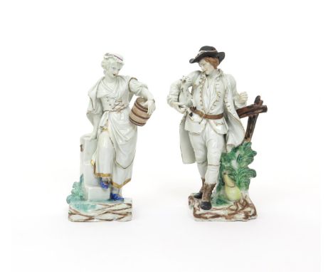 A large and rare near pair of Bristol figures of a Goatherd and a Milkmaid  c.1775, probably modelled by Pierre Stephan, he s