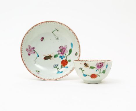 A Worcester teabowl and saucer  c.1768, painted in the famille rose palette with the Astley or Harvest Bug pattern, a large i