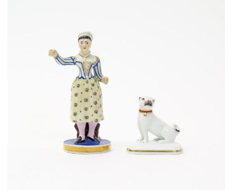 A Chamberlain Worcester model of a pug dog  c.1820, seated on a low rectangular base with head turned to sinister, wearing a 