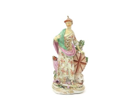 A large Derby figure of Britannia  c.1770, her shield resting on the head of a recumbent lion, a dagger and bugle at her feet