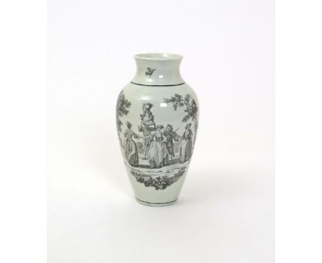 A Worcester ovoid vase  c.1765, printed in black to one side with May Day, two ladies dancing to the music of a peg-legged fi