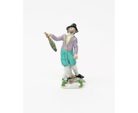 A Meissen figure of a Dutch fisherman  mid 18th century, modelled by Peter Reinicke, standing with his right arm outstretched