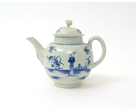 A good Worcester blue and white teapot and cover  c.1775, painted with the Waiting Chinaman pattern, a solitary figure standi