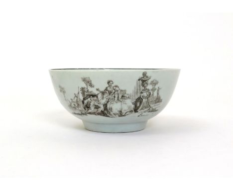 A Worcester printed slop bowl  c.1765, one side printed in black with L'Amour, a couple courting on a bench while the maid lo
