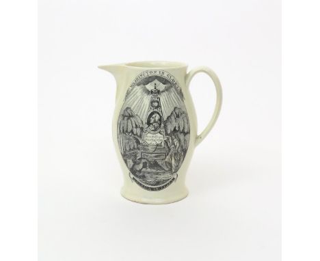 A creamware jug of American interest  c.1800, printed in black to one side with an obelisk bearing a portrait of George Washi