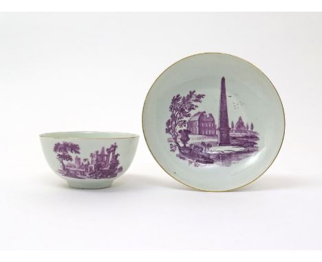 A Worcester large teabowl and a saucer  c.1765, both printed in purple, the teabowl with scenes of Classical ruins and a scen