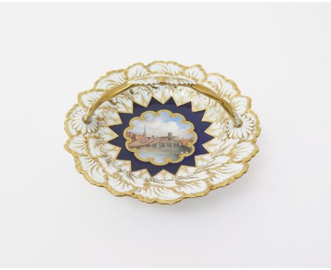 A Chamberlain Worcester basket  c.1840, the large circular dish painted with a central view of a boat race on the river in Wo