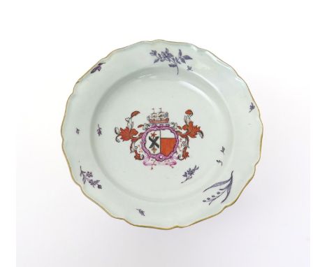 A Worcester armorial plate  c.1772, painted in the atelier of James Giles with the arms of Gavin impaling Hearsey, with scatt