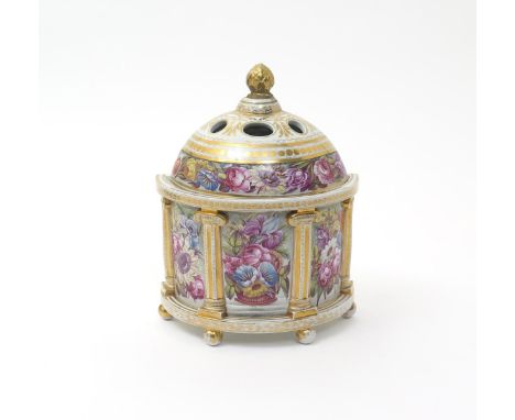 An English porcelain bough pot and cover  early 19th century, probably Worcester, painted with three panels of flowers attrib