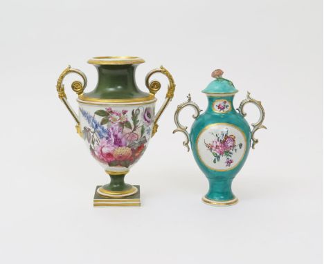 A Derby two-handled vase and cover  c.1770, the ovoid form painted to each side with an oval panel of flowers, with smaller p