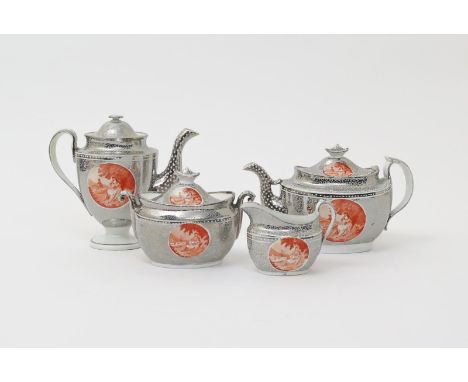 A rare Factory Z (Staffordshire) silver lustre part tea and coffee service  c.1795-1805, printed in red with a bucolic scene 