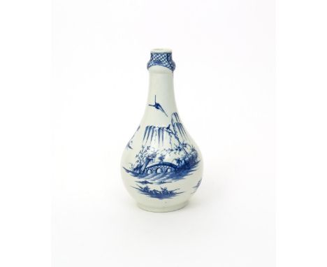 A good Worcester blue and white water bottle or guglet  c.1760-65, painted with the Willow Bridge Fisherman pattern, a figure
