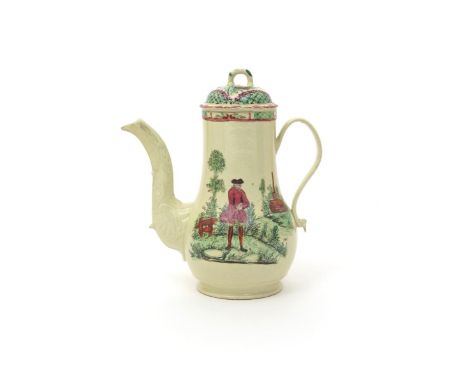 A creamware coffee pot and cover  c.1760-70, painted in polychrome enamels, to one side a gentleman in a frock coat standing 