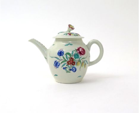 A Worcester teapot and cover  c.1765, of small size, painted in the atelier of James Giles with brightly enamelled sprays of 