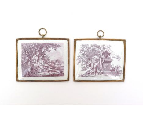 A pair of Birmingham or Battersea enamel rectangular plaques   c.1750-60, printed in purple with engravings by Simon Francois