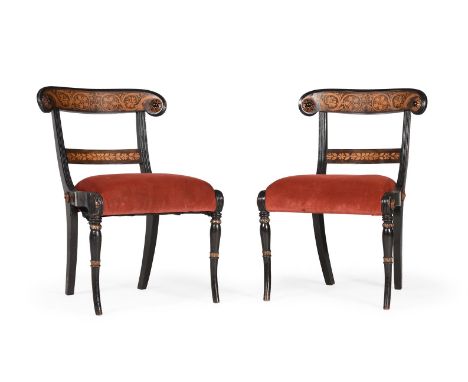 A PAIR OF REGENCY HOLLY AND OAK HONEYSUCKLE MARQUETRY DECORATED SIDE CHAIRS ATTRIBUTED TO GEORGE BULLOCK, CIRCA 1817Decorated