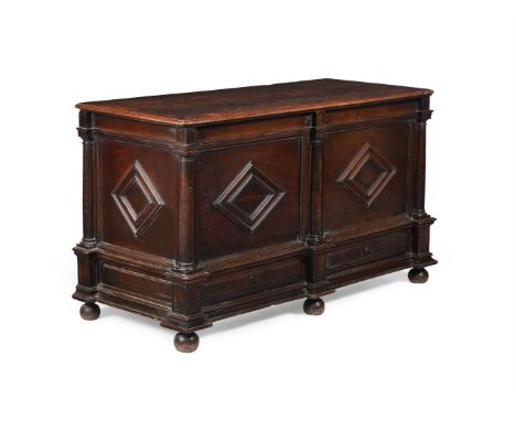 A VIRGINIA WALNUT MULE CHEST CIRCA 1650, OF ARCHITECTURAL FORM 84cm high, 144cm wide, 64.5cm deep   Condition Report:  Marks,