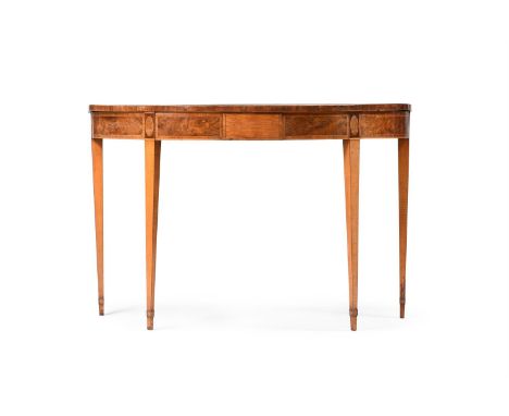 A GEORGE III BURR YEW AND HAREWOOD SEMI ELLIPTICAL CONSOLE TABLE CIRCA 1770 88.5cm high, 137cm wide, 55.5cm deep  Provenance: