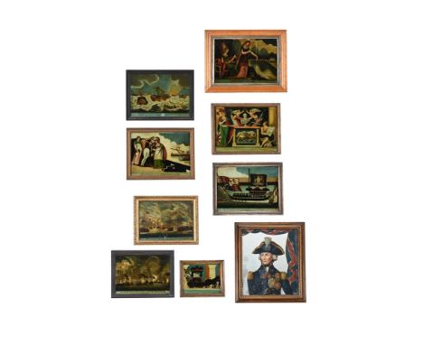 A GROUP OF SIX REVERSE GLASS PRINTS RELATING TO NELSON  EARLY 19TH CENTURY  Each framed, subjects including Nelson's sea batt