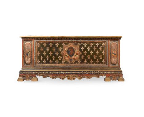 AN ITALIAN POLYCHROME PAINTED AND GESSO CASSONE OR CHEST  IN EARLY 18TH CENTURY VENETIAN STYLE, LATE 19TH OR EARLY 20TH CENTU