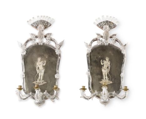 A PAIR OF VENETIAN MIRRORED GLASS THREE LIGHT WALL APPLIQUES  LATE 19TH CENTURY OR EARLY 20TH CENTURY  Each with reverse engr