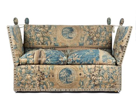 A TAPESTRY UPHOLSTERED KNOLE SOFA 20TH CENTURY, UPHOLSTERED IN FLEMISH 18TH CENTURY VERDURE TAPESTRY 110cm high, 165cm wide, 