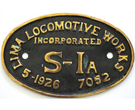 Worksplate LIMA LOCOMOTIVE WORKS INCORPORATED S-IA 5-1926 7052. Ex Baltimore &amp; Ohio Railroad S1A 2-10-2 numbered 6177. Ov