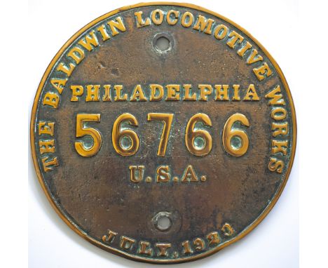 Worksplate THE BALDWIN LOCOMOTOVIVE WORKS PHILADELPHIA U.S.A. 56766 JULY, 1923. Ex Cyprus Mines Corporation 2 foot 6in gauge 