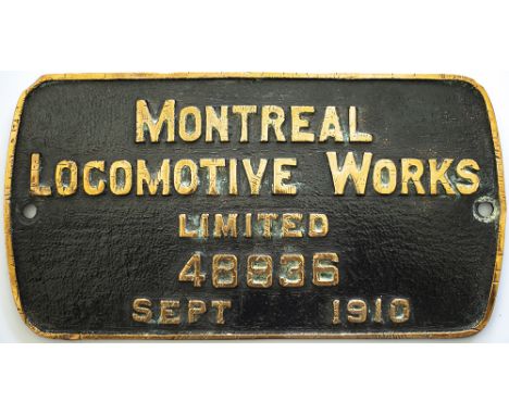 Worksplate MONTREAL LOCOMOTIVE WORKS LIMITED 48836 SEPT 1910. Ex Toronto, Hamilton &amp; Buffalo 2-8-0 numbered 51. Rectangul
