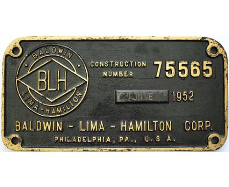 Worksplate BLH BALDWIN-LIMA-HAMILTON CORP. PHILADELPHIA. PA., U.S.A. , CONSTRUCTION NUMBER 75565 JUNE 1952. Ex New South Wale
