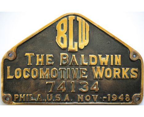 Worksplate BLW THE BALDWIN LOCOMOTOVIVE WORKS 74134 PHILA,U.S.A. NOV - 1948. Ex Central American United Fruit Co. 3 ft. Gauge