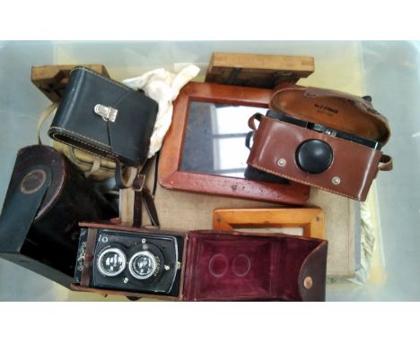 Three boxes of mixed camera equipment including vintage Rolleiflex (a/f) and tripod etc 