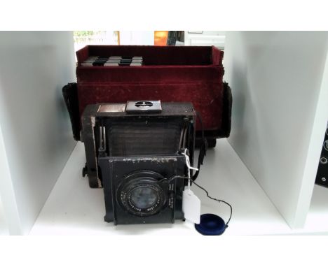 A Carl Zeiss Ica folding bellow camera with Tessar 15cm lens, cased 