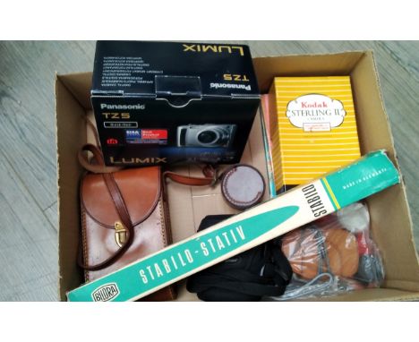 A box of cameras and accessories including 1959 Kodak Sterling II with box and accessories, Panasonic TZ5 Lumix digital camer