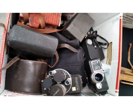 A box of mixed photographica including Yashica cine camera and cine Kodak etc 