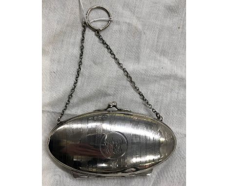 SILVER OVAL LADIES EVENING PURSE ON CHAIN HANDLE WITH ENGINE TURNED DECORATION, BIRMINGHAM, 2.4OZ APPROX