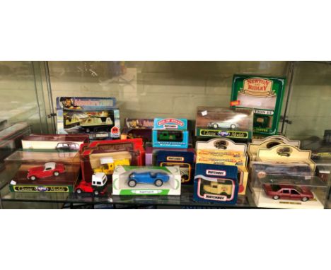 SHELF OF ASSORTED BOXED DIECAST MODEL CARS BY MATCHBOX, LLEDO, CORGI