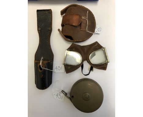 WWII MILITARY FOLDING GOGGLES IN LEATHER POUCH, A LEATHER SCABBARD AND AN IMPERIAL WWII FIELD TAPE MEASURE